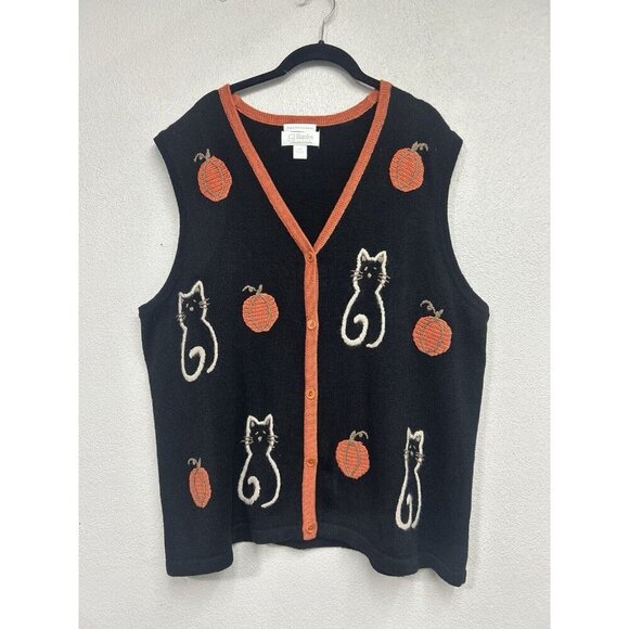 C.J. Banks By Christopher & Banks Hand Embroidered Cats & Pumpkins Vest 1X (XL) - Picture 1 of 5